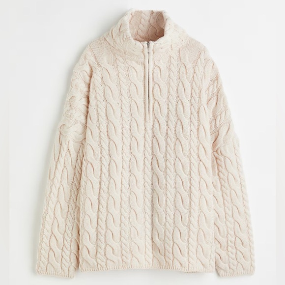 H&M cream cable knit sweater, zippered  collar, Medium - Picture 1 of 11